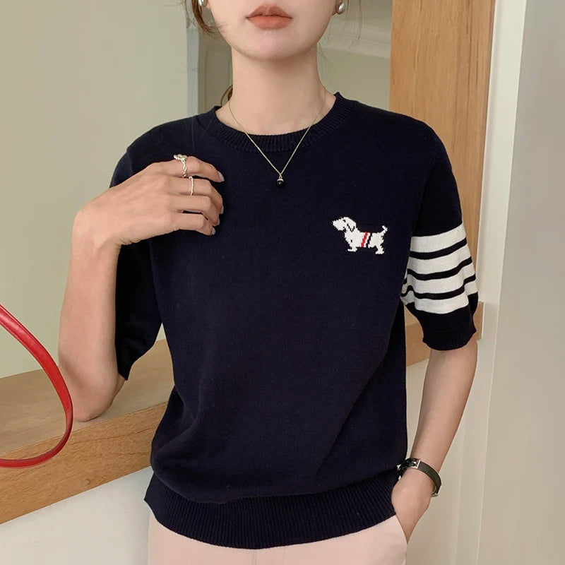 Summer 100% cotton women's T-shirt casual striped knit pullover short sleeved loose round neck Tees embroidered luxury brand Top