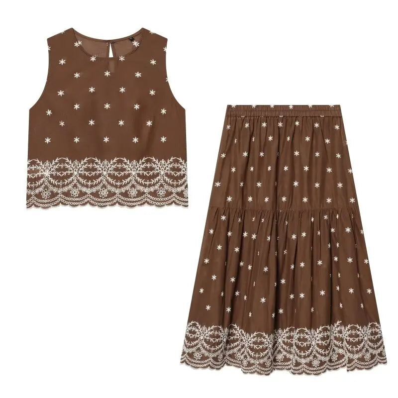 Women's Summer Set Hollow Embroidered Casual Skirt Outfit Sleeveless Top Floral Elastic Waist Two Piece Limited Stock