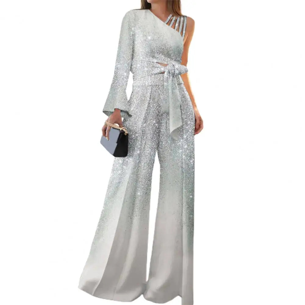 2Pcs Women Off Shoulder Bandage Suits Outfits Bandage Bowknot High Waist Wide Leg Top Patchwork Shiny Pants Set Streetwear
